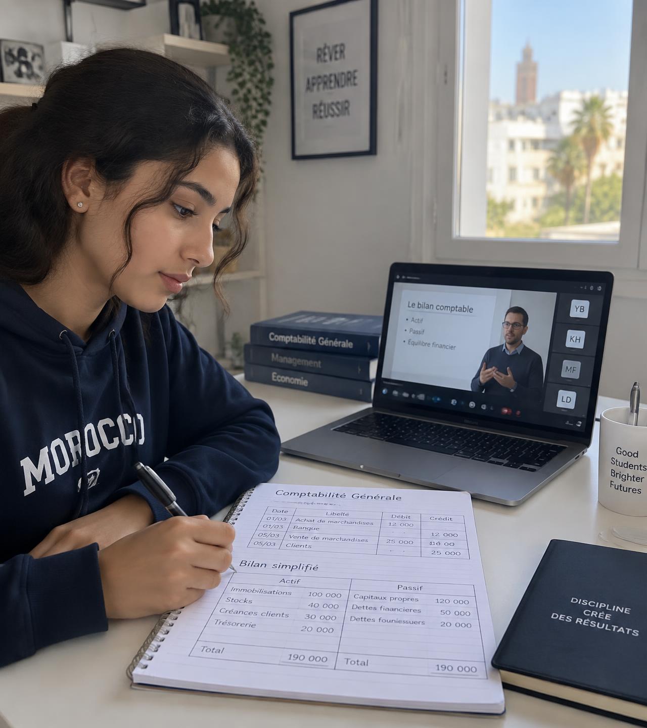Élève marocaine de 2 Bac suivant un cours en ligne avec Nivora